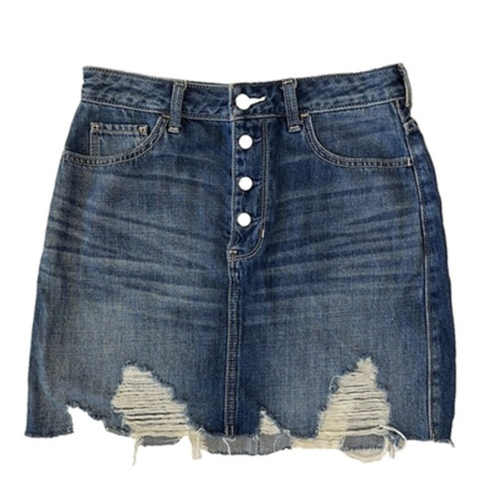 HOLLISTER Womens ULTRA HIGH-RISE Denim Skirt Sz 5/27 Blue Button Fly Distressed